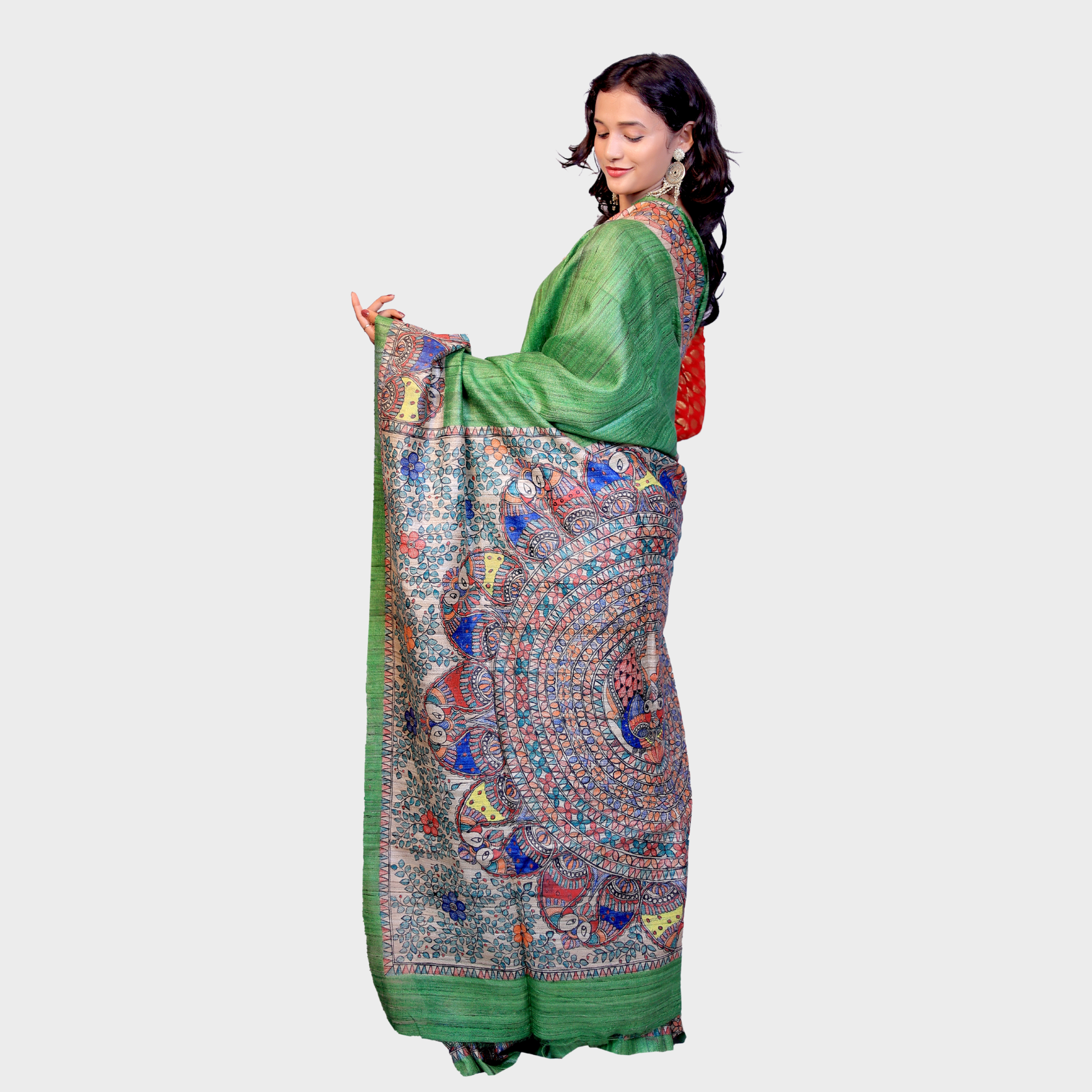 Hand Painted Madhubani Saree with Dancing Peacock Design