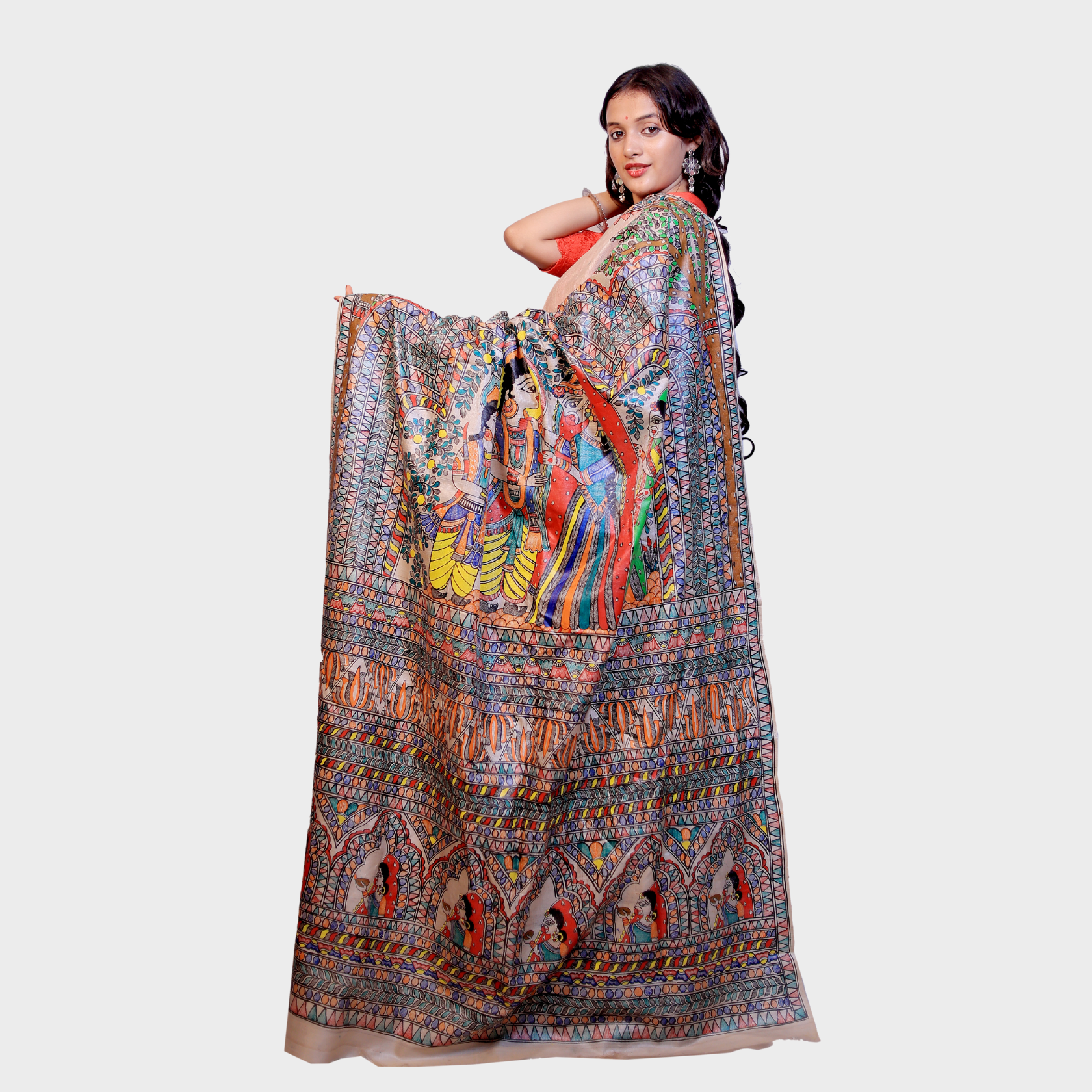 Hand Painted Madhubani Tsar Silk Saree with Ram-Sita Jaymal Design