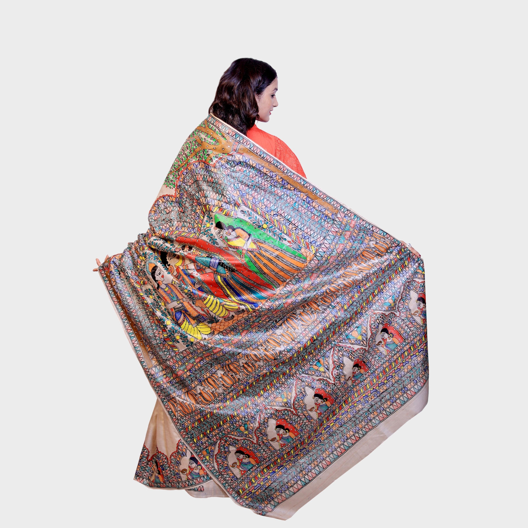 Jaymal Graphics Hand Painted Madhubani Tsar Silk Saree with Ram-Sita Jaymal Design ...