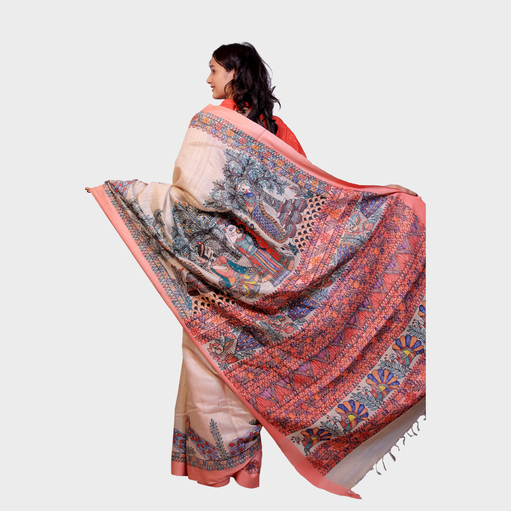 Hand Painted Madhubani Tasar & Munga Silk Saree with Traditional Radha Krishna Ras Design