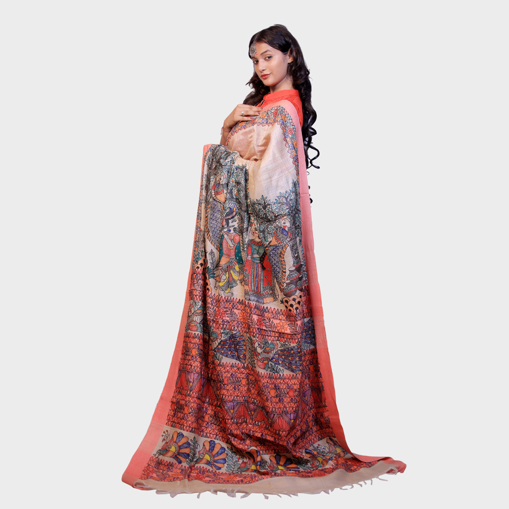 Hand Painted Madhubani Tasar & Munga Silk Saree with Traditional Radha Krishna Ras Design